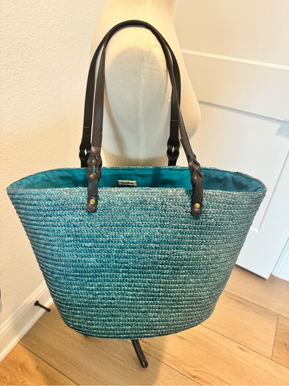 Neiman Marcus Teal Straw Tote with Dark Brown Handles